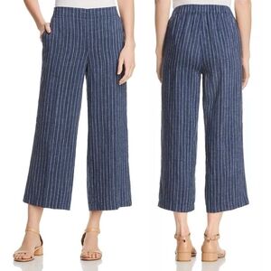 Eileen Fisher Blue & White Striped Organic Linen Wide Leg Crop Pants Size Small